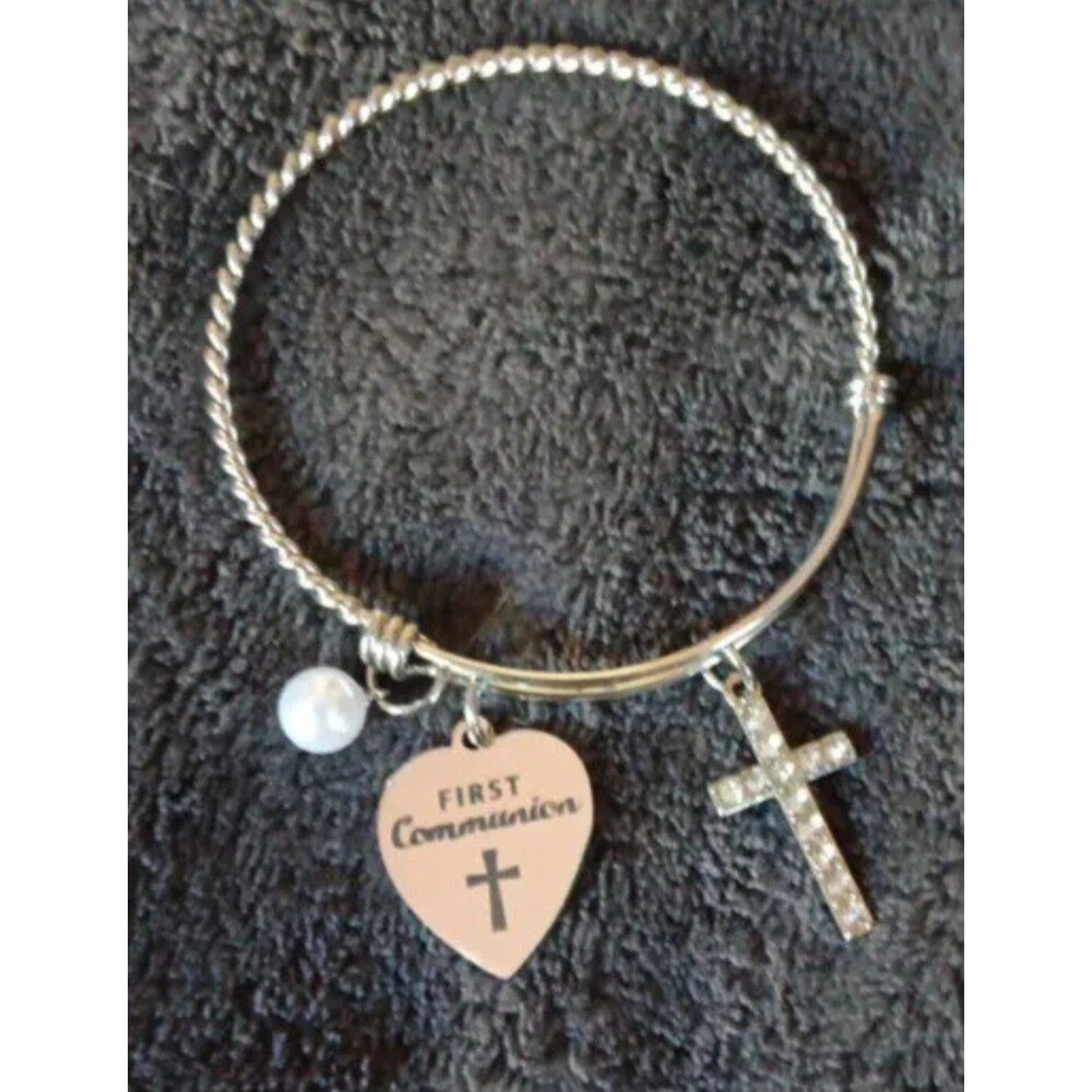 Bracelet New Womans Girls Expandable Bangle 1st Communion Charms Silver Tone